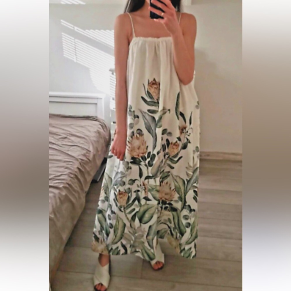 H&M Linen Blend Voluminous Floral Tropical Palm Leaf Print Smocked Maxi Dress